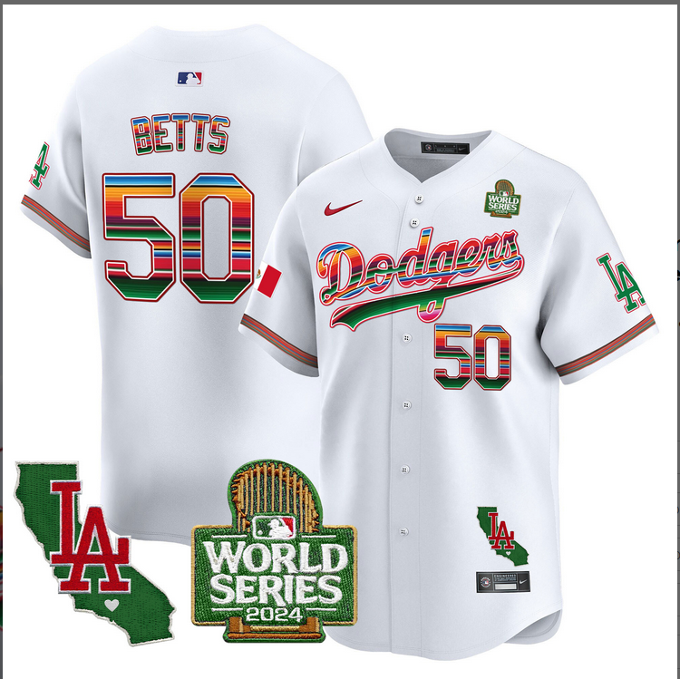 Men MLB Mexico Los Angeles Dodgers #50 betts white 2024 World Series Champions Patch Jersey 20241105